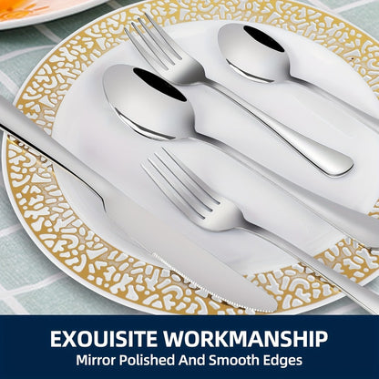 Stainless Steel Silverware Set Flatware Set with Forks Spoons & Knives – Modern Cutlery Set for Kitchen, Dining & Parties, Service for 4/6/12, 20/24/30/65 Piece