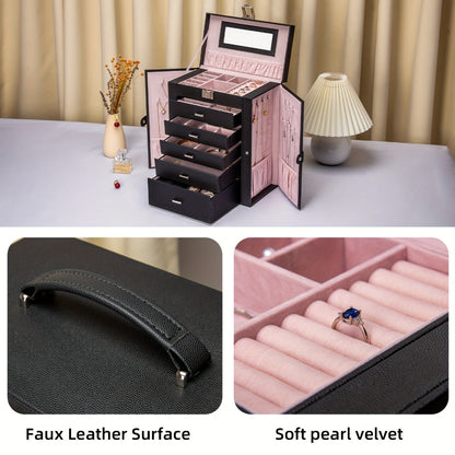 Jewelry Box 6 Tier with 5 Drawers Mirror & Lock | Large Jewelry Organizer Storage Case Gift for Women