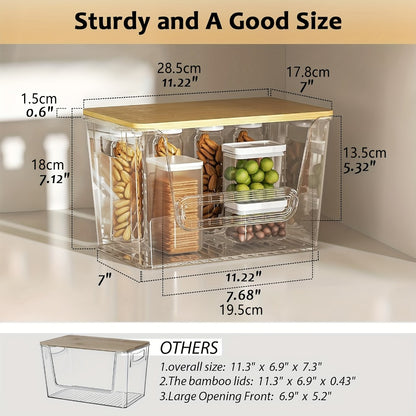 Clear Stackable Kitchen Pantry Organizer 2 Pack with Bamboo Top Durable PET Storage Bins for Onions Potatoes Fruits Vegetables Space Saving Ventilated Produce Organizer