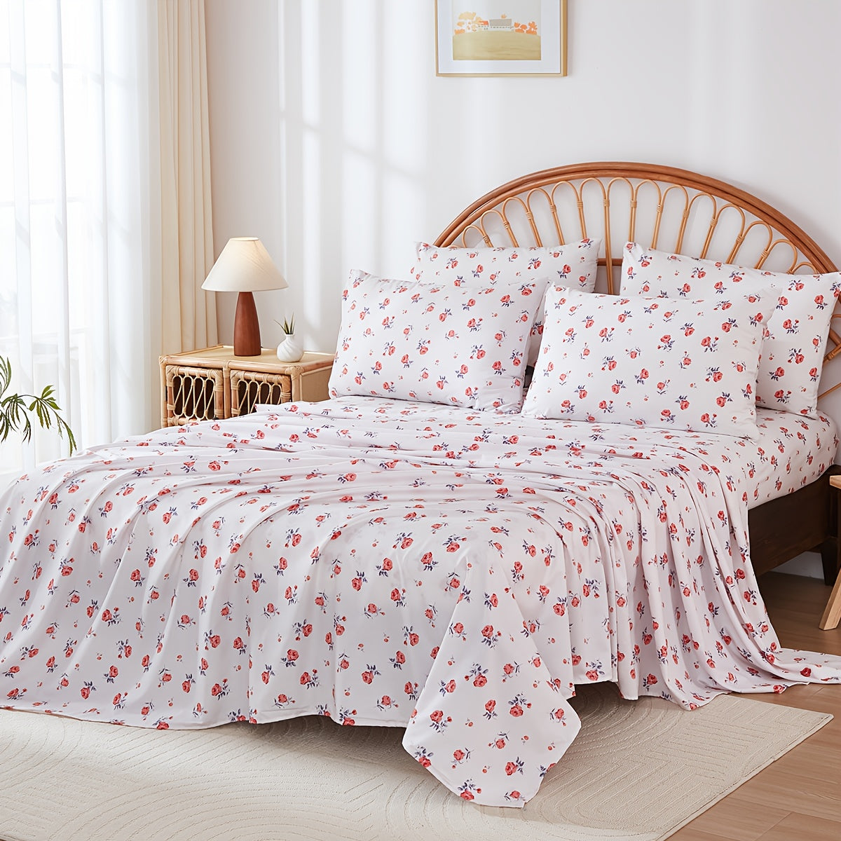 Bed Sheets Set 4pcs Deep Pocket Fitted Sheet & Pillow Cases | Soft Floral Bedding Twin Full Queen King – White Pink Green