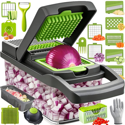 Vegetable Chopper 18-in-1 Multifunctional Food Chopper & Mandoline Slicer with Container – Onion Dicer, Adjustable Cutter for Kitchen Meal Prep, Gray