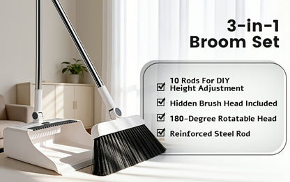 Broom and Dustpan Set with Long Handle - 2-in-1 3-in-1 4-in-1 Foldable Broom Dustpan Combo with Floor Brush for Home Office Dorm Room, Quick Dust Removal Household Cleaning Tool Set, White Pink Blue Orange Purple Grey