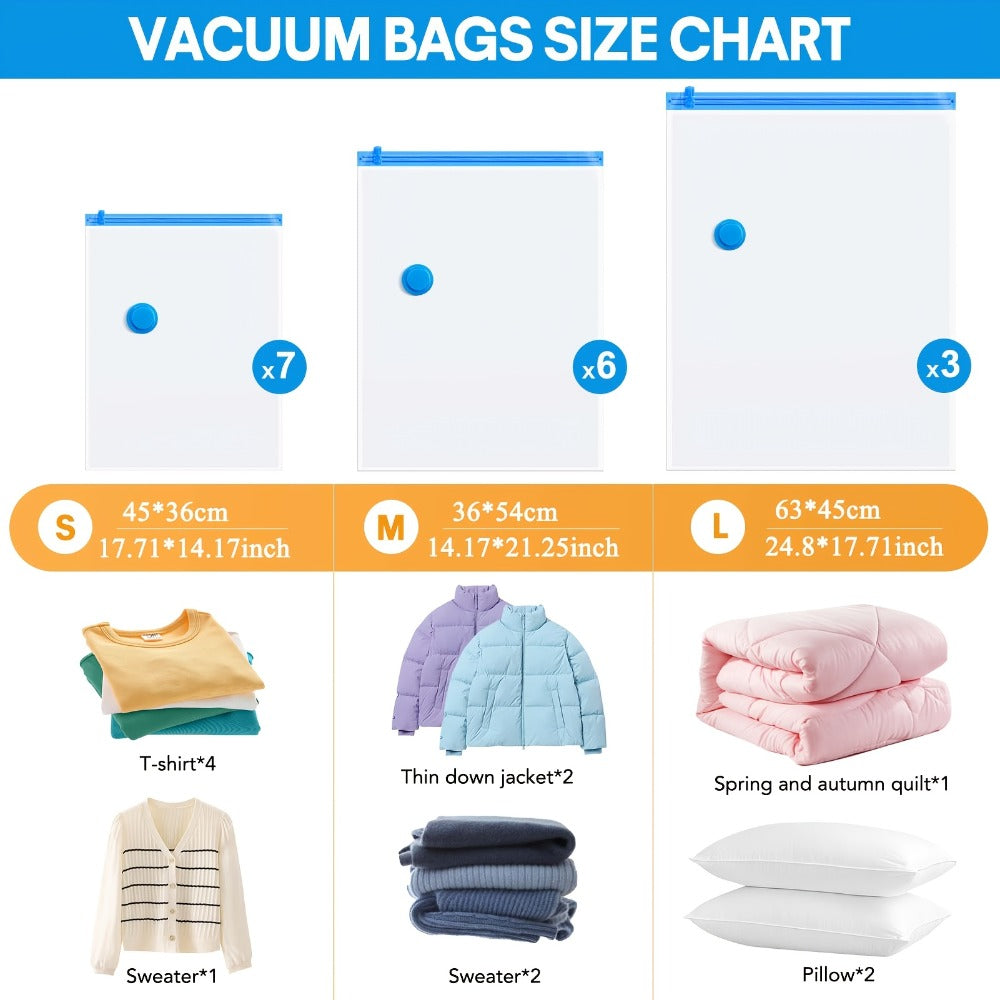 Vacuum Storage Bags 16pcs with Electric Pump – Space Saver Compression Bags for Clothes, Bedding, Pillows, Quilts, Blankets, Travel & Luggage (7 Small, 6 Medium, 3 Large)