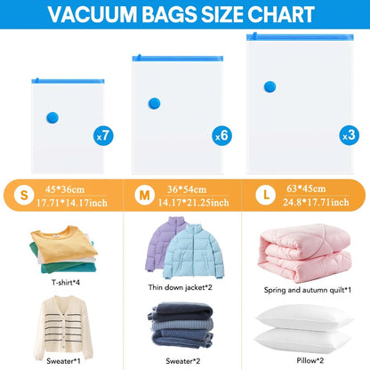 Vacuum Storage Bags 16pcs with Electric Pump – Space Saver Compression Bags for Clothes, Bedding, Pillows, Quilts, Blankets, Travel & Luggage (7 Small, 6 Medium, 3 Large)
