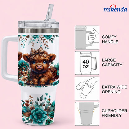 Highland Cow Insulated Tumbler Mug 40oz 16oz | Stainless Steel Vacuum Insulated | 24H Cold 12H Hot | Floral Teal Design | Gift
