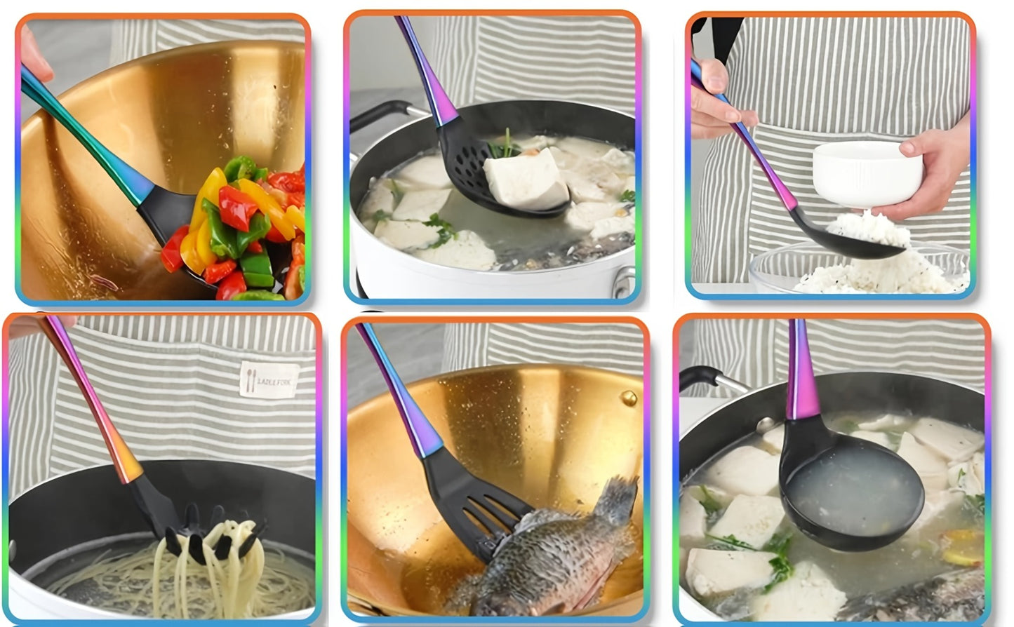 Silicone Cooking Utensils Set 17 Piece Rainbow Titanium with Rotating Holder - Heat Resistant Non-Stick Spatulas, Ladle, Skimmer, Turner & Measuring Cups and Spoons with Stainless Steel Handles
