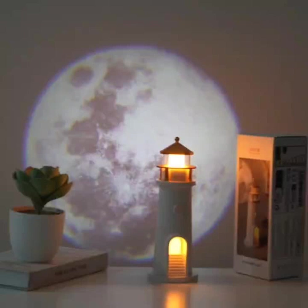 Moon Lighthouse Projector Night Light – Motion Sensor LED Lamp with USB Charging, Always-On Mode, Moonlight Ocean Projection, Decorative Ambient Light & Unique Gift for Home Bedroom Decor