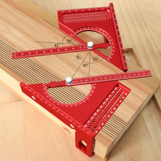 Adjustable 3D Carpentry Square Set 180° Rotating Aluminum Alloy Triangle Ruler T-Square with Scribing Holes Red Black Markings Woodworking Measurement Tool