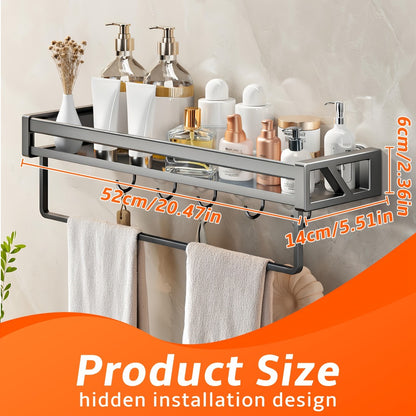 Suction Cup Shower Caddy with Towel Holder Bar, Wall-Mounted Bathroom Shelf Organizer for Shampoo Soap, Heavy-Duty Floating Shower Shelves, Strong Adhesive No Drilling