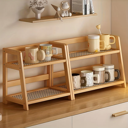 Bamboo Countertop Shelf Organizer 2-Tier - Trapezoidal Wooden Storage Rack for Kitchen Office Bedroom and Desk, Space Saving Riser Shelf for Coffee Cups Books Plants and Everyday Items, Available in Medium, Large or 2 Piece Set