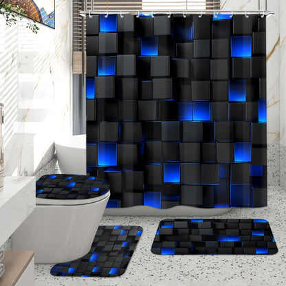 Shower Curtain Set with 12 Hooks & Toilet Seat Cover, 4-Piece Bathroom Set Dark Blue Geometric Abstract Cube Pattern, Modern Waterproof Bath Curtain Set for Bathroom Decor