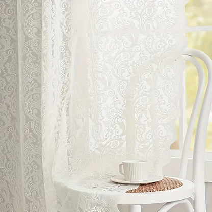Sheer Curtain Rod Pocket Floral Lace Semi-Sheer Window Panel for Living Room Bedroom Kitchen Bathroom, 100% Polyester, Machine Washable, White Light Green Coffee