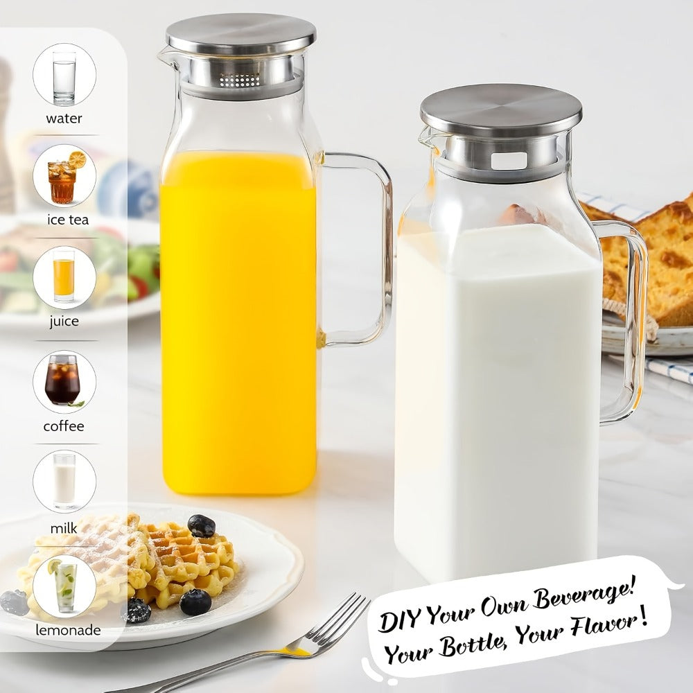 Glass Pitcher with Lid & Handle 2L 68oz – Square Borosilicate Water Jug, Heat Resistant Carafe for Fridge, Iced Tea, Coffee & Cold Drinks – 2 or 4 Pack with Optional 16oz Cups