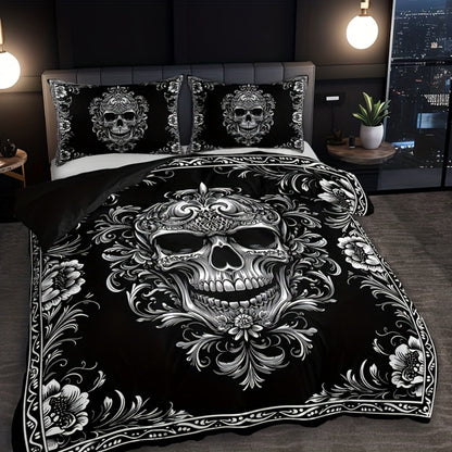 Skull Duvet Cover Set 3pcs – Gothic Victorian Baroque Black & White Skull Bedding with 2 Pillowcases, Digital Print Halloween Bedroom Decor (Twin, Full, Queen, King – No Insert)