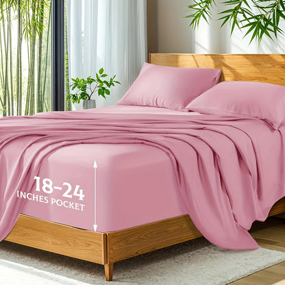 Bamboo Bed Sheets Set Twin Full Queen King – Cooling Breathable Viscose Fitted Sheet for Hot Sleepers Hotel Luxury Deep Pocket Bedding 13 Colors Available