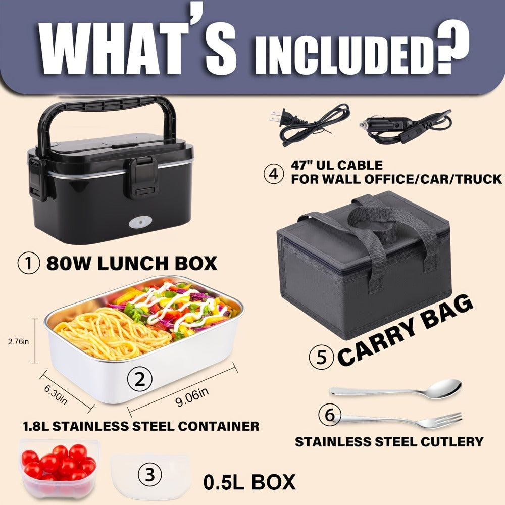Electric Lunch Box Portable Food Warmer 60oz – 110V Home & 12V/24V Car Heated Meal Container, Stainless Steel, Leak-Proof with Insulated Bag & Fork for Office, Truck, Travel & Camping