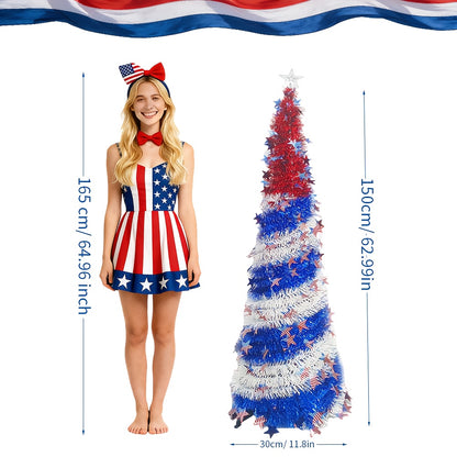 4th of July Patriotic Decoration Tree 5ft – Foldable LED Light String with Red White Blue Stars & Stripes, Independence Day Party Decor, Patriotic Theme Display Tree, Summer Holiday Gift