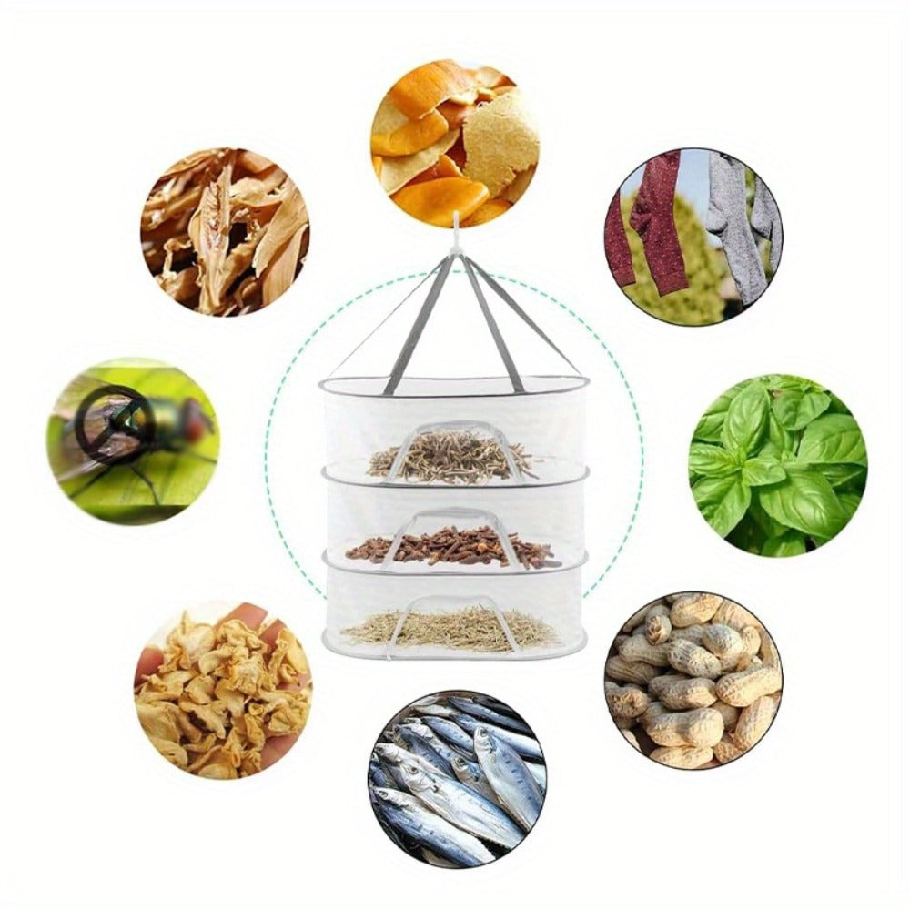 Mesh Drying Rack Foldable 2-3 Layer with Hooks & Zipper Closure — Hanging Herb Drying Net for Herbs, Fruits, Vegetables, Fish, Flowers & Clothes | Large Size