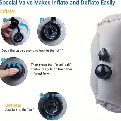 Inflatable Travel Pillow with Carrying Case – Ergonomic Neck & Head Support for Airplane, Car, Train, Office Nap & Camping, Compact Lightweight Flocking Fabric Pillow