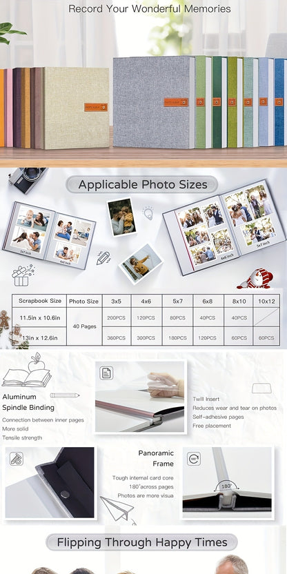 Self Adhesive Photo Album Scrapbook – Large Linen Cover Memory Book for 4x6 5x7 8x10 Photos, DIY Picture Book with Metal Pen, Gift for Mom, Baby, Wedding, Valentine's Day & Mother's Day, 40 & 60 Pages