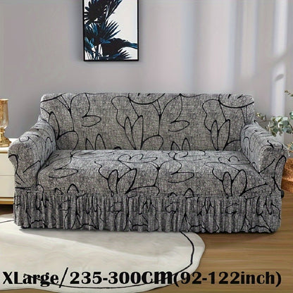 Printed Sofa Cover with Skirt Elastic Four Seasons Universal Furniture Protective Slipcover for Bedroom Office Living Room - 1 2 3 4 Seater Gray