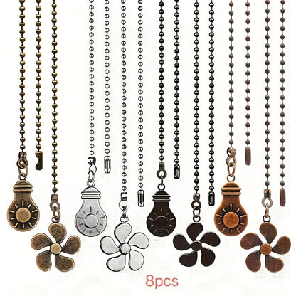 Ceiling Fan Pull Chain Extension Set of 8 - Decorative Bead Chain Pull Cord with Five-Leaf & Bulb Pendants, Iron Chain & Zinc Alloy, Bronze, Black, White, Red, Multi-Color, No Batteries Required