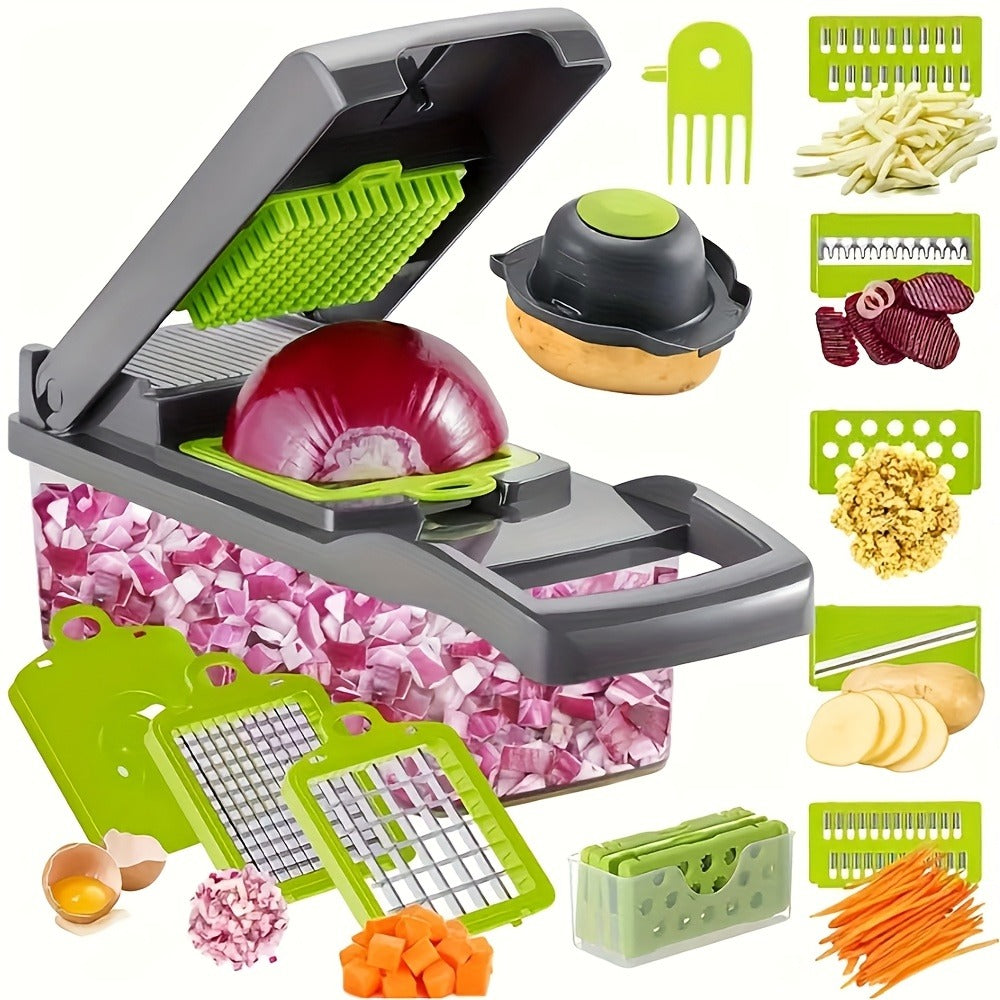 Vegetable Chopper 16-in-1 Manual Food Chopper Set – 8 Stainless Steel Blades, 304 Container, Peeler & Filter | Onion, Garlic & Carrot Slicer Dicer | Professional Kitchen Meal Prep Tool
