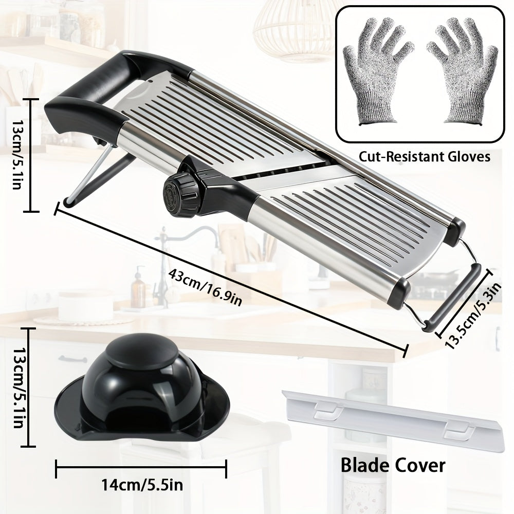 Mandoline Slicer Adjustable 5-Thickness 304 Stainless Steel – Professional Vegetable Slicer for Onion, Potato, Carrot, Cheese & Fruit, Kitchen Grater with Cut-Resistant Gloves Option