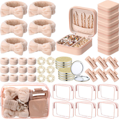Spa Party Favors Set 48pcs for Women – Sleepover Party Supplies with Headband, Wristband, Scrunchies, Hair Clip, Jewelry Case, Makeup Bag & Mirror, Bridesmaid Proposal Gift, Girls Night Return Gifts