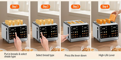 4-Slice Digital Smart Toaster with Touchscreen | Dual Control Panel, Single Slot Toasting, Timer, Reheat & Defrost Functions for Bagels, Bread & Waffles – Stainless Steel Kitchen Essential