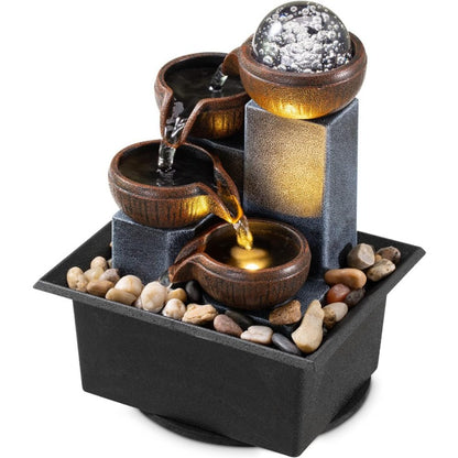 Tabletop Water Fountain Indoor – 4-Level Desktop Waterfall with LED Lights & Natural River Stones, USB Powered Meditation Fountain for Home Office Relaxation, Zen Desk Decor with Bubble Balls