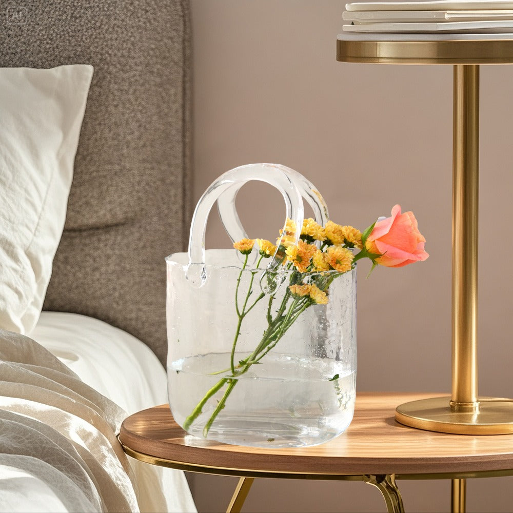 Glass Purse Vase for Flowers – Handbag Shape Clear Decorative Flower Vase, Home Table Decor, Gift