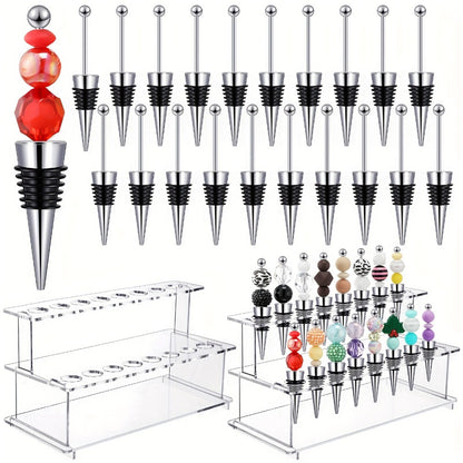 Beadable Wine Bottle Stoppers Set of 20 with 16-Slot Clear Acrylic 2-Tier Display Stand Rack - DIY Customizable Wine Stoppers Holder for Countertop, Wine Bar Decor, Gifts for Wine Lovers