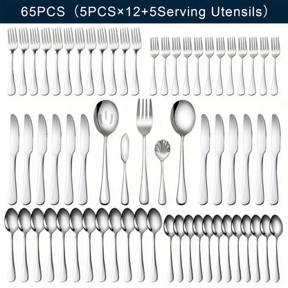 Stainless Steel Silverware Set Flatware Set with Forks Spoons & Knives – Modern Cutlery Set for Kitchen, Dining & Parties, Service for 4/6/12, 20/24/30/65 Piece