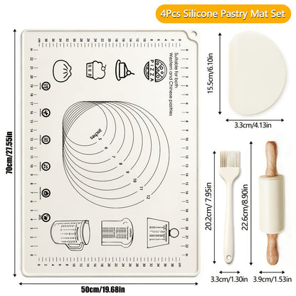 Silicone Baking Mat Set 4pcs, Extra Thick Non-Stick Pastry Mat with Measurement Scales, Non-Slip Dough Kneading Mat, Includes Rolling Pin, Dough Scraper and Storage Bag, Reusable Kitchen Baking Tools