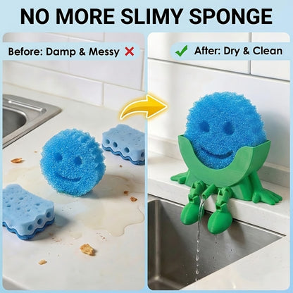 Sponge Holder for Kitchen Sink, 2-Pack Self-Adhesive Sponge Caddy with Drainage, No-Drill Wall Mount or Countertop Organizer Rack for Dishcloth Scrubber, 3D Printed Black and Green Kitchen Accessories