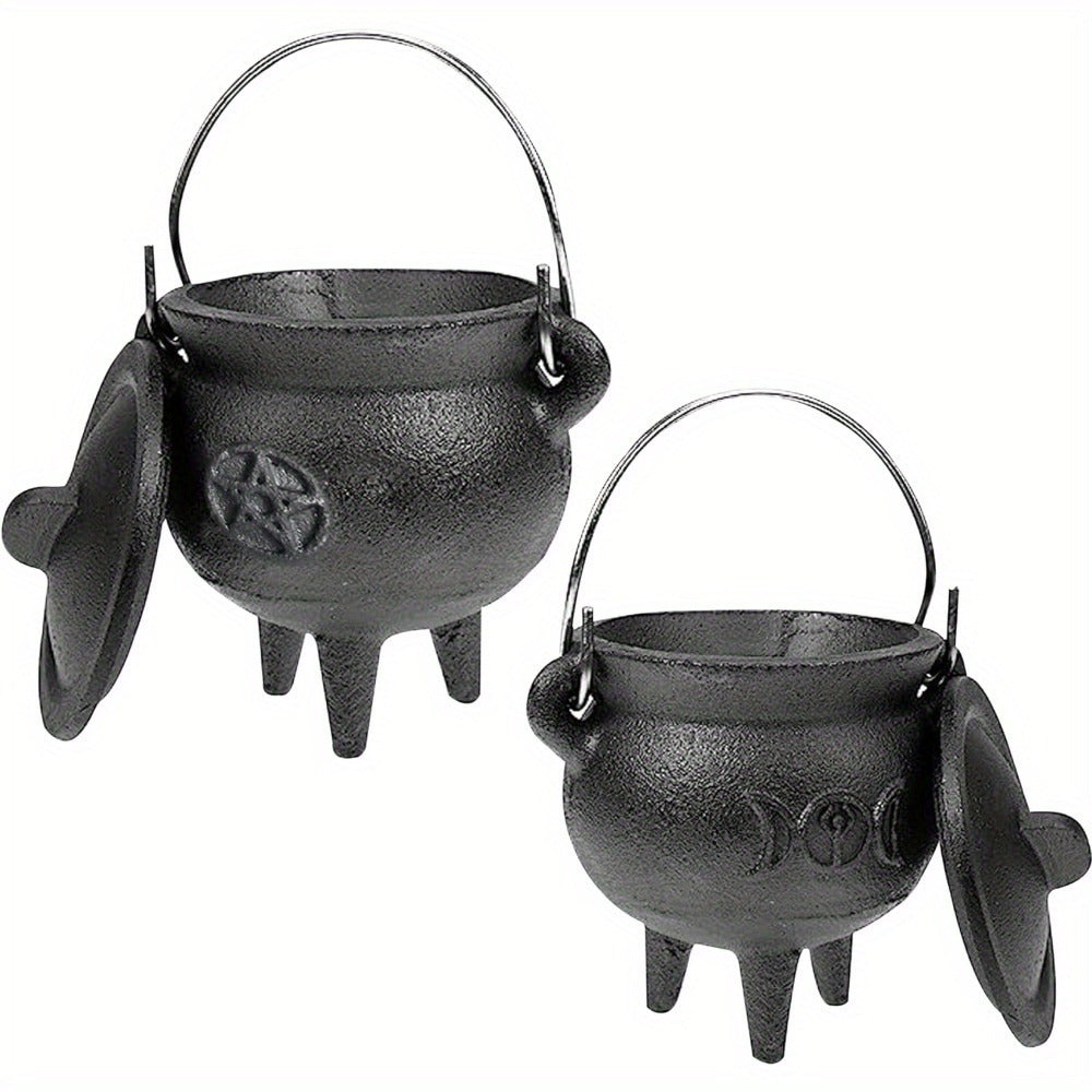 Cast Iron Cauldron with Lid & Handle – Witchcraft Incense Burner, Spell Ritual Pot, Halloween Decor, Pentagram & Triple Moon Styles, Pagan Altar Cauldron