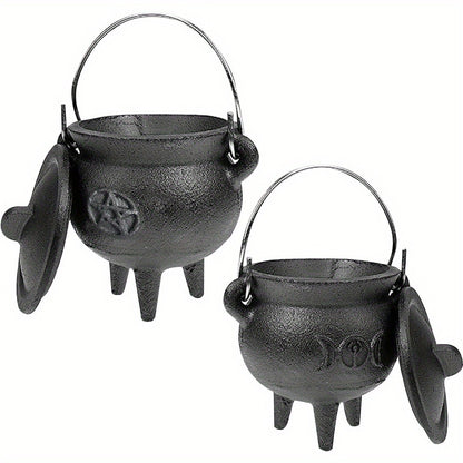 Cast Iron Cauldron with Lid & Handle – Witchcraft Incense Burner, Spell Ritual Pot, Halloween Decor, Pentagram & Triple Moon Styles, Pagan Altar Cauldron