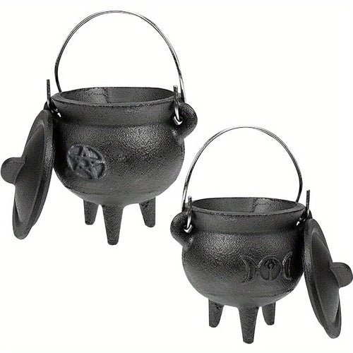 Cast Iron Cauldron with Lid & Handle – Witchcraft Incense Burner, Spell Ritual Pot, Halloween Decor, Pentagram & Triple Moon Styles, Pagan Altar Cauldron