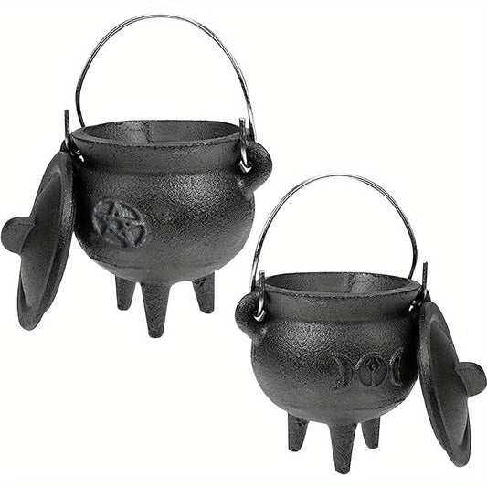 Cast Iron Cauldron with Lid & Handle – Witchcraft Incense Burner, Spell Ritual Pot, Halloween Decor, Pentagram & Triple Moon Styles, Pagan Altar Cauldron