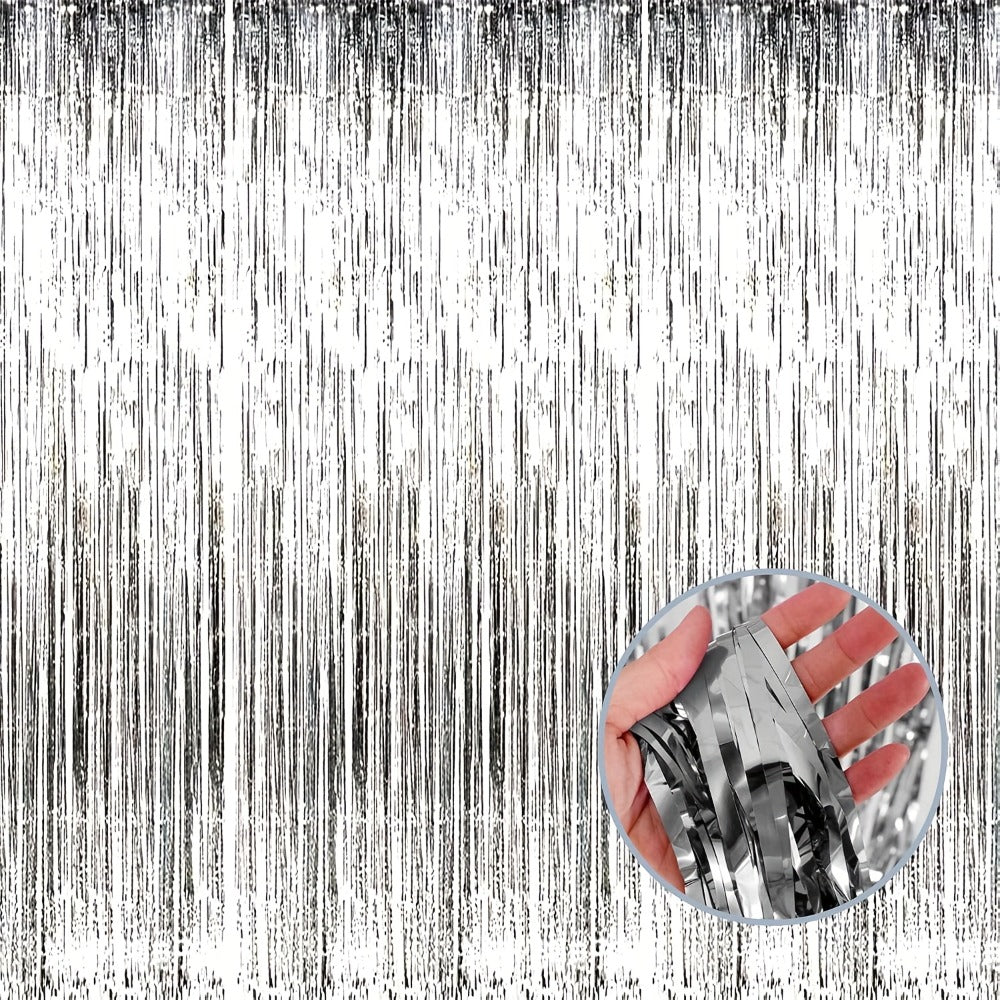 Tinsel Foil Backdrop 6 Packs Metallic Glitter Tassel Curtain – Silver Laser Rain Streamer for Party Photo Booth Birthday Wedding Holiday Doorway Decoration