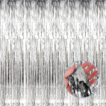 Tinsel Foil Backdrop 6 Packs Metallic Glitter Tassel Curtain – Silver Laser Rain Streamer for Party Photo Booth Birthday Wedding Holiday Doorway Decoration