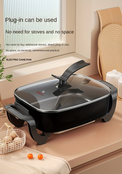 Electric Ceramic Non-Stick Pot 12x12 Inch 1500W Square Skillet with Glass Lid Adjustable Temperature Frying Baking Steaming Boiling Easy Clean Home Kitchen Cookware
