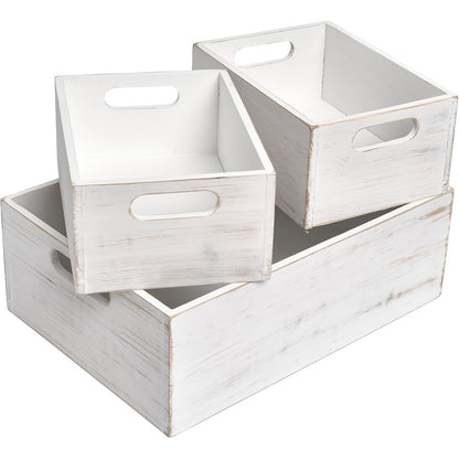 Wooden Crates with Handles Set of 3 – Rustic Farmhouse Storage Boxes for Pantry, Shelf, Closet, Arts & Crafts, Home Organizer Decorative Wood Crate Display Boxes Brown