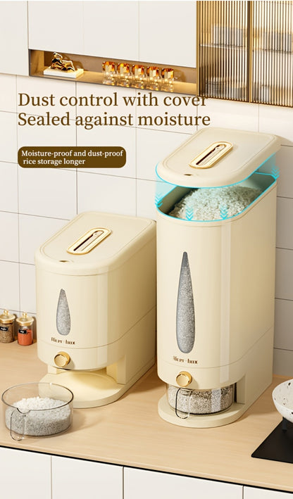 Rice Dispenser Storage Container Press Type Measuring Cup Moisture-Proof Sealed Grain Bin - Large Capacity Airtight Rice Storage Box for Rice Coffee Beans Flour Legumes Pet Food Kitchen Pantry Organizer