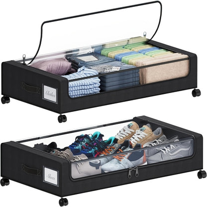 Under Bed Storage Containers with Wheels - Foldable Closet Organizer Bins with Label Holder for Clothing Blankets Shoes Comforter Pillows Bedding
