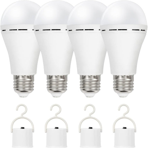 Rechargeable Emergency LED Light Bulb 12W 6500K 2000mAh with Polished Metal Finish – Spherical Design Half-Flip Installation Backup Battery Bulb for Camping Hiking Indoor Outdoor Power Outage, 4 Pack