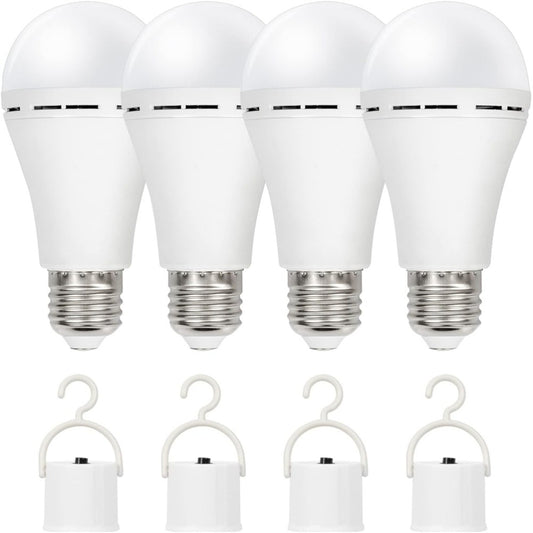 Rechargeable Emergency LED Light Bulb 12W 6500K 2000mAh with Polished Metal Finish – Spherical Design Half-Flip Installation Backup Battery Bulb for Camping Hiking Indoor Outdoor Power Outage, 4 Pack
