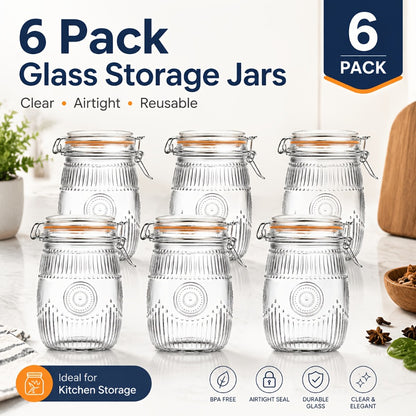 Mason Jars 6 Pack 32oz Wide Mouth Airtight Glass Canister Set with Hinged Lids Vintage Sunflower Pattern Kitchen Storage Jars for Coffee Sugar Beans Spices Dry Goods Pantry Organization