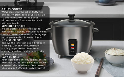 Rice Cooker 6-Cup Non-Stick with Yogurt Maker Function - 3-Cup Uncooked Grain Cooker with Removable Non-Stick Pot Auto Keep Warm One-Touch Operation, Compact Electric Rice Cooker for Home Dorm Office Black
